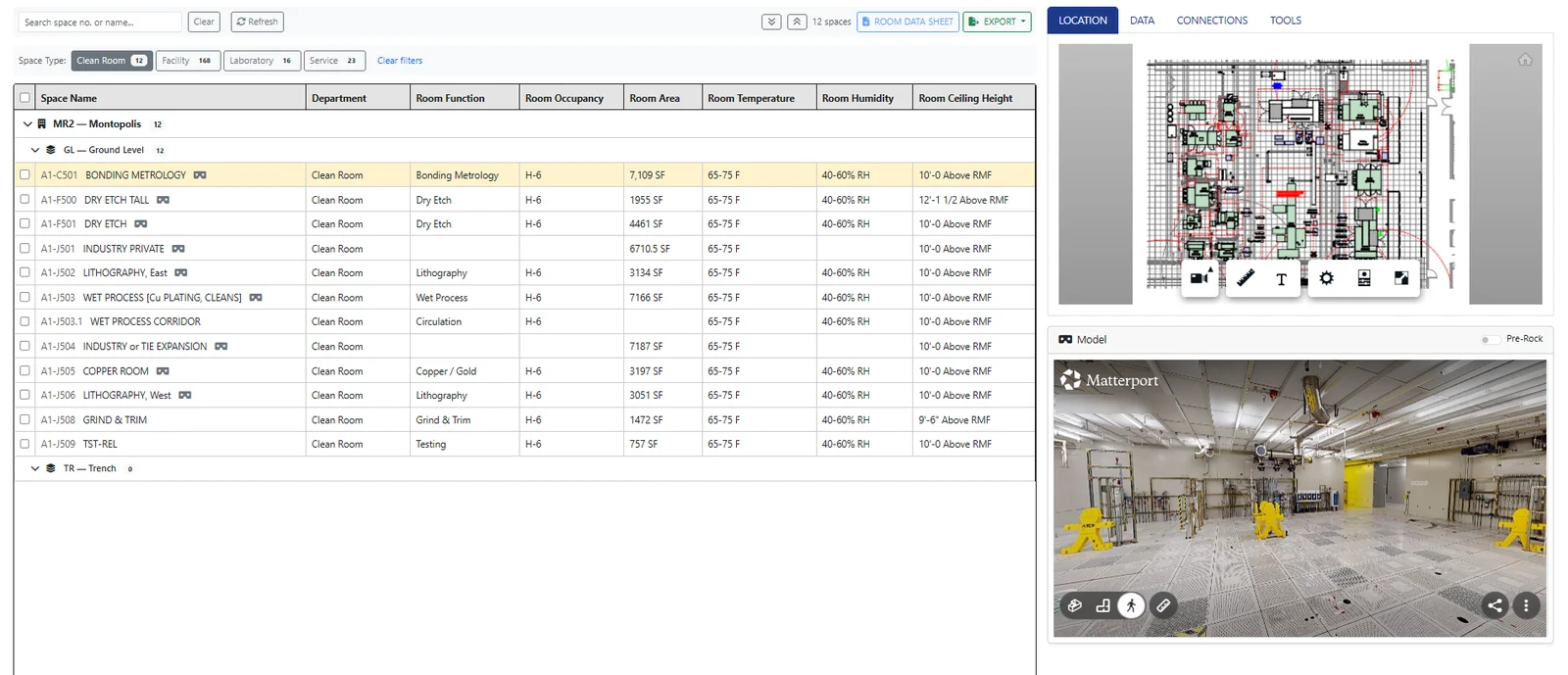 OwnerCDE Spaces page: a grid of clean room spaces with room data, a floor plan view, and a Matterport scan of the selected room.