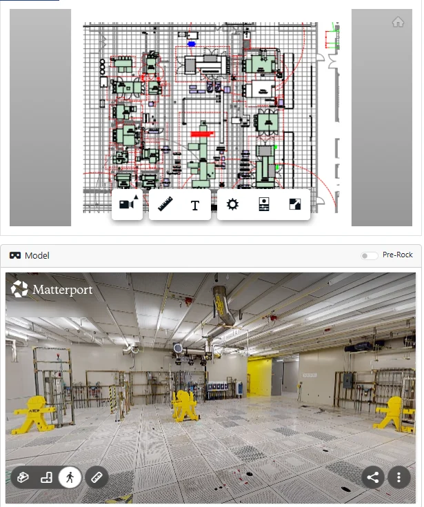 Floor plan and Matterport scan of a clean room.