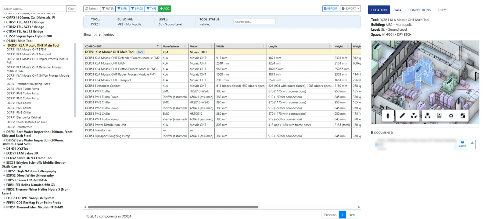 Tools page with a tool's components and its place in the 3D model.